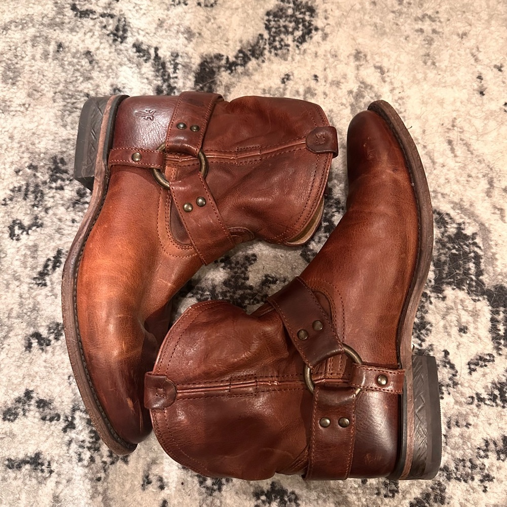 Frye Brown Ankle Boots with Buckle Strap and Vintage Leather